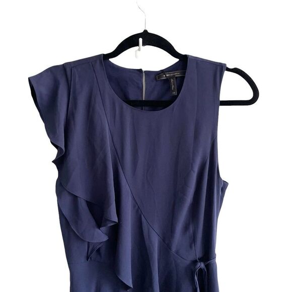 BCBGMAXAZRIA sleeveless faux wrap midi ruffle dress pacific blue XS - Picture 3 of 7